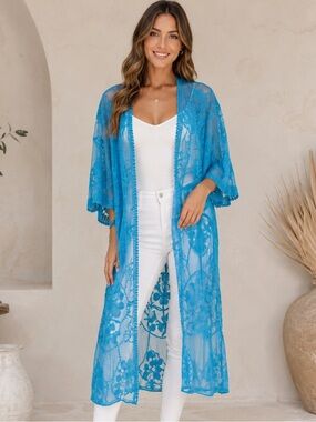 Raj Turquoise Lace Kimono NWOT